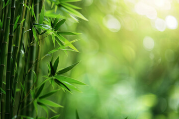 A serene bamboo forest bathed in soft sunlight, with slender bamboo stalks stretching towards the sky and lush green foliage filtering the dappled light, creating a tranquil oasis of natural beauty.