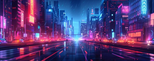 A retro-futuristic metropolis where towering megastructures cast long shadows over the bustling streets below, their neon signs flickering in the night.   illustration.