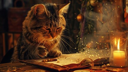Through the customer's eyes, experience a cat fortune teller consulting an ancient book of omens, murmuring incantations that echo in the mystical space