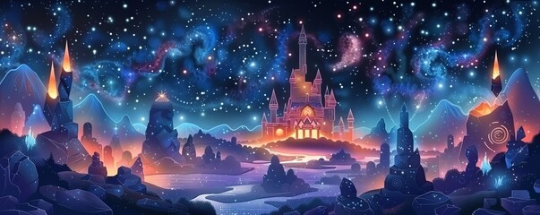 Obraz premium A celestial kingdom hidden among the stars, where shimmering palaces and crystalline gardens float amidst the endless expanse of space, and ethereal beings dance in the light of distant galaxies.