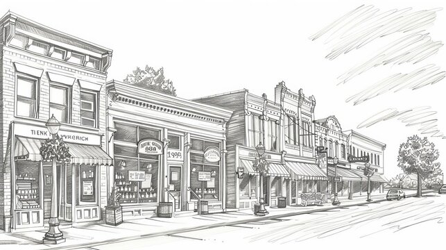 charming midwest main street historic storefronts and downtown architecture sketch illustration