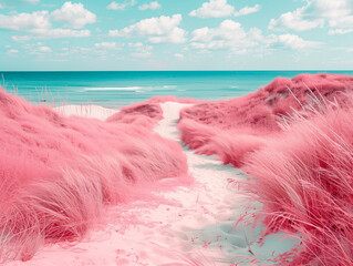 A sand dunes covered with pink grass at beautiful sea coast. Summer vacation concept.