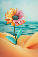 Beautiful summer composition with vivid colorful flower at sea coast. Abstract creative idea.