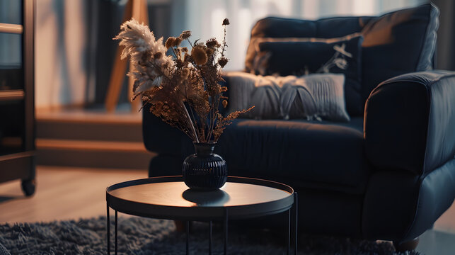 Warm and cozy living room interior with black armchair round coffee table patterned pillow navy carpet vase with dried flowers and personal accessories Home decor Template : Generative AI