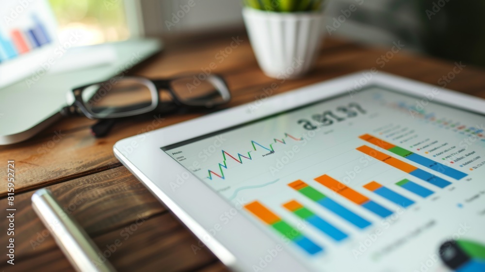 Poster digital tablet displaying real-time stock market graphs, depicting the fast-paced nature of financia