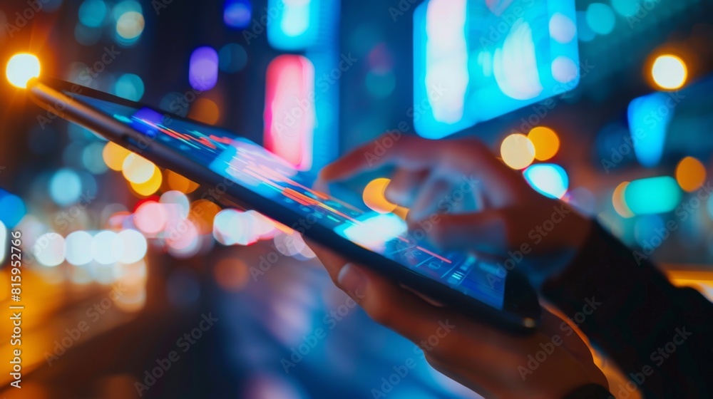 Poster digital tablet displaying real-time stock market graphs, depicting the fast-paced nature of financia