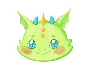 Green Dragon Head. Cute mythical animal on isolated background. Children character design for card, print on t-shirt, bag, notebook. 