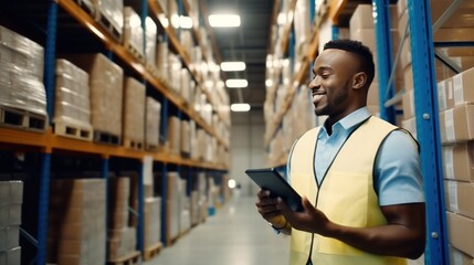 Portrait of an accountant in warehouse. Businessman standing in his fabric warehouse and working with tablet PC.