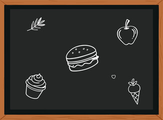Black board with food drawing. Cooking class concept