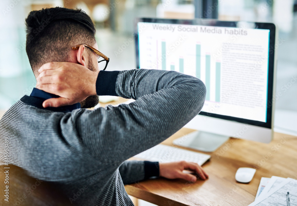 Poster Neck pain, man and computer screen at desk in office with chart with strain, stress and anxiety from working. Tech, social media and graph with online, digital and project with data at web company
