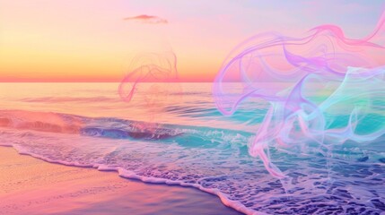 A surreal beach scene at sunset where the waves are replaced by swirling, colorful LGBTQ pride smoke, blending seamlessly with the orange and pink hues of the setting sun. Created Using: surreal