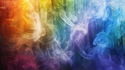 An abstract portrayal of a forest clearing, where the trees are enveloped in swirling smoke displaying the bright colors of the LGBTQ flag, creating a mystical and ethereal atmosphere. Created Using: