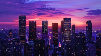 Fototapeta premium Downtown skyline at dusk, with city lights illuminating the tall buildings against the backdrop of a twilight sky.