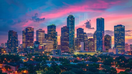 Naklejka premium Downtown skyline at dusk, with city lights illuminating the tall buildings against the backdrop of a twilight sky.