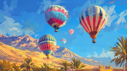 Fototapeta premium colorful hot air balloons floating in clear moroccan sky digital painting