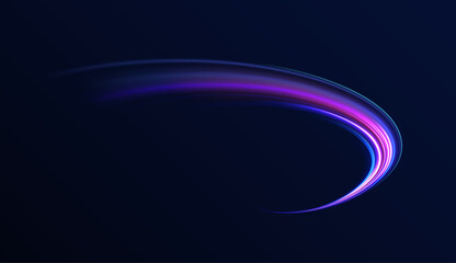 Light arc in neon colors, in the form of a turn and a zigzag. Illustration of light ray, stripe line with blue light, speed motion background. Panoramic high speed technology concept, light abstract. 