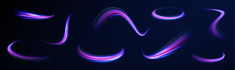 Purple glowing wave swirl, impulse cable lines. Long time exposure. High speed effect motion blur night lights blue and red