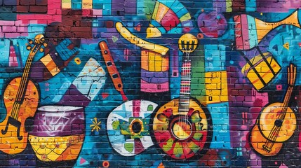 Fototapeta premium colorful urban graffiti music wall with ethnic instruments abstract background