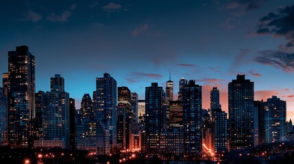 Obraz premium Downtown skyline at dusk, with city lights illuminating the tall buildings against the backdrop of a twilight sky.