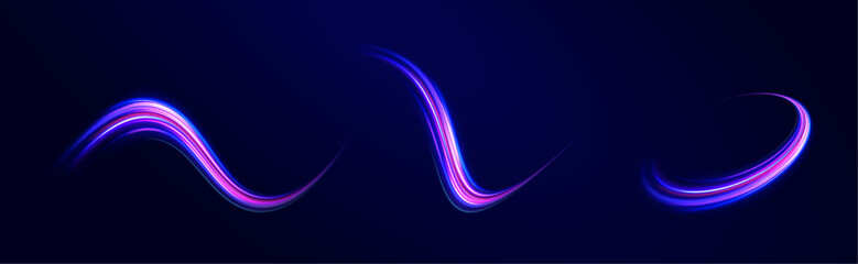 Light arc in neon colors, in the form of a turn and a zigzag. Illustration of light ray, stripe line with blue light, speed motion background. Panoramic high speed technology concept, light abstract. 