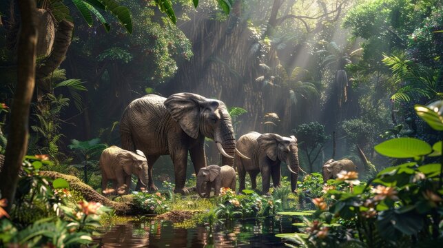 A family of elephants grazing peacefully in a forest clearing, with a variety of plants and trees around them