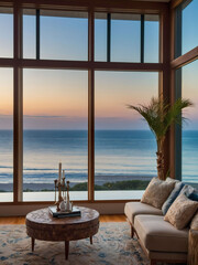 Seaside Serenity, Elegant Living Room with Expansive Window and Ocean View