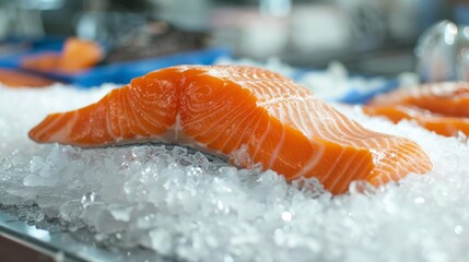 Fresh whole salmon displayed on ice at a seafood market, showcasing quality and freshness.