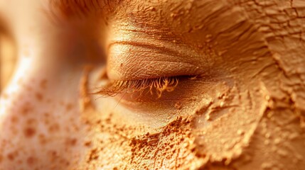 A woman's face is covered in a thick layer of brown makeup