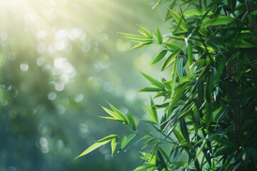 Obraz premium A serene bamboo forest bathed in soft sunlight, with slender bamboo stalks stretching towards the sky and lush green foliage filtering the dappled light, creating a tranquil oasis of natural beauty.