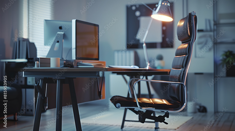 Poster comfortable office chair near table with modern computer : generative ai