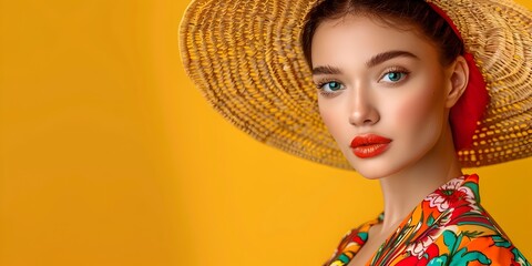 Captivating Fashion Beauty in Vibrant Tropical Setting on Sunny Yellow Background