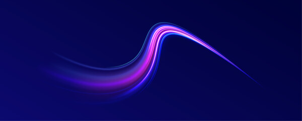 Purple glowing wave swirl, impulse cable lines. Long time exposure. High speed effect motion blur night lights blue and red