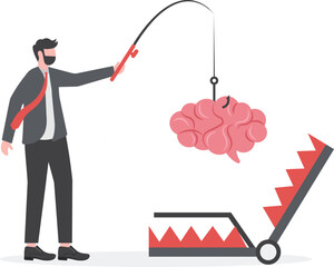 Anxiety, limiting thoughts. Businessman accessing brain in bear trap. vector

