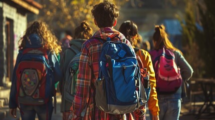 Fototapeta premium Group of students walking into school from behind, backpacks swinging as they chat excitedly about the day ahead