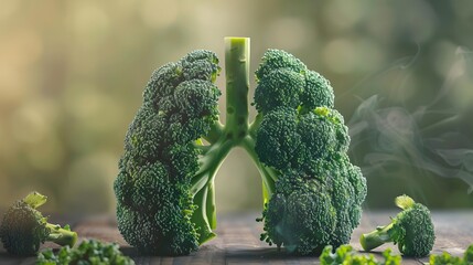 Conceptual image of green broccoli shaped like human lungs, Green broccoli shaped in human lungs.