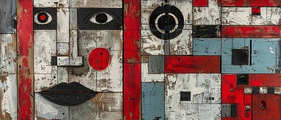 Mosaic of a painted old wooden door with red and blue eyes