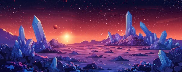 An alien landscape where crystalline structures rise from the surface of an alien world, their intricate patterns reflecting the light of a distant star.   illustration.