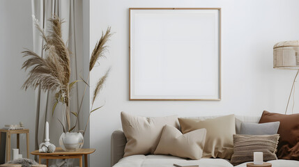 Modern composition of living room interior with mock up poster frame brown sofa beige coffee table decoration plant beige pillow and personal accessories Home decor Template : Generative AI