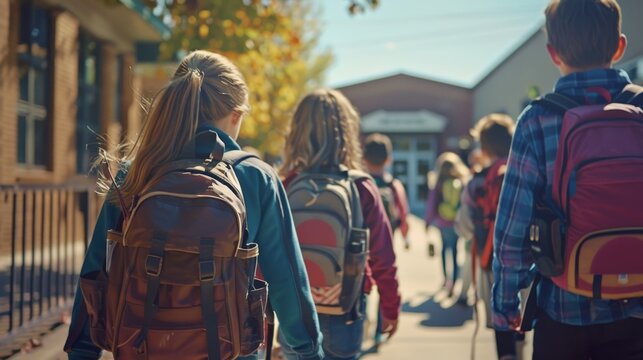 Group of students walking into school from behind, backpacks swinging as they chat excitedly about the day ahead
