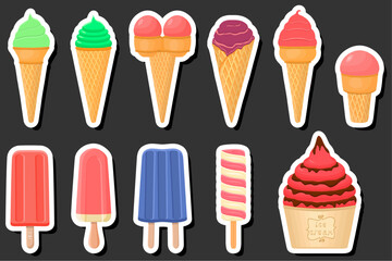 Illustration on theme big kit ice cream popsicle different types in cone waffle cup