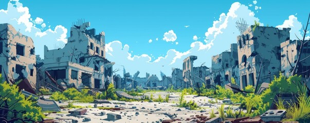 Obraz premium A post-apocalyptic wasteland where the ruins of civilization are reclaimed by nature, with overgrown vegetation and crumbling buildings dotting the landscape. illustration.