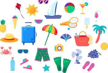 Large kit of items for beach resort holidays. Collection of accessories and clothing, sports equipment and travel supplies. Set of multicolored icons and symbols isolated on white background