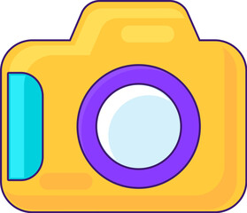 SLR camera with lens for photographing memorable moments of summer holidays. Yellow dslr camera. Summer holiday icon. Simple stroke vector element isolated on white background