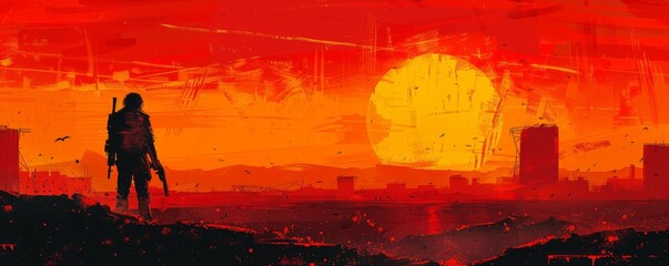 Naklejka premium A post-apocalyptic wasteland where the remnants of humanity struggle to survive amidst the ruins of civilization, scavenging for resources in a world gone mad. illustration.