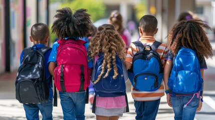 Students seen from the back, walking towards the school entrance, their steps brisk and backpacks bobbing