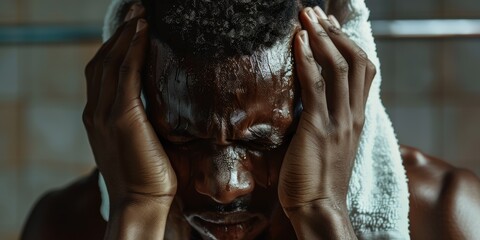 Stressed African American athlete touches face with hands after gym workout. A fit, energetic black man feels nervous and fatigued on break. Routine exercise fatigues