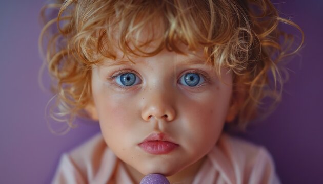 Curious toddler examining an object intently, pouty lips and furrowed brow on eggplant purple.