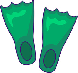 Fins for beginner scuba diver. Green rubber swimming fins for diving. Summer holiday icon. Simple stroke vector element isolated on white background