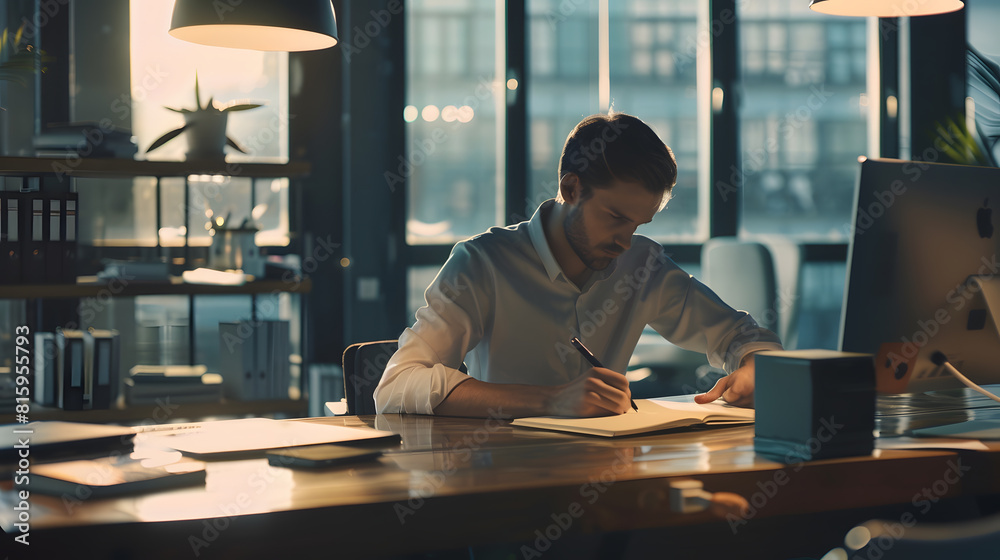 Poster Businessman Sitting At Desk Writing In Notebook In Modern Open Plan Office : Generative AI