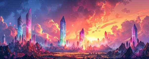 Obraz premium A surreal dreamscape where towering crystals pierce through the vibrant, shifting landscape. illustration.